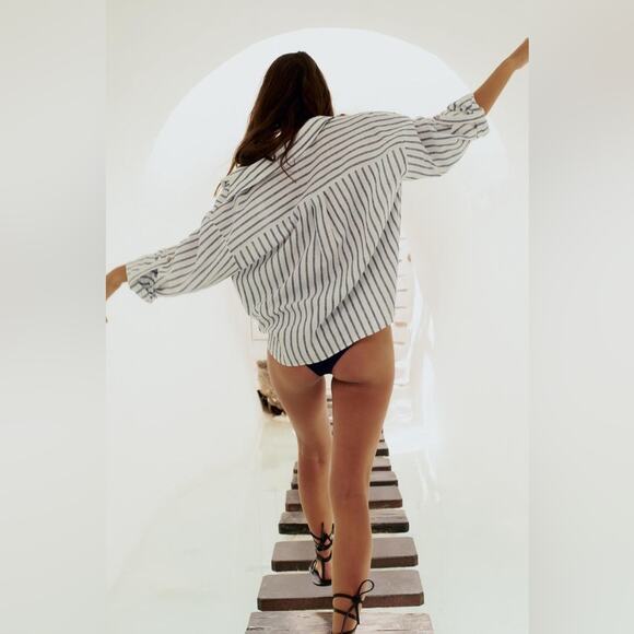 Zara STRIPED LINEN BLEND TOP Size Large - Picture 3 of 13